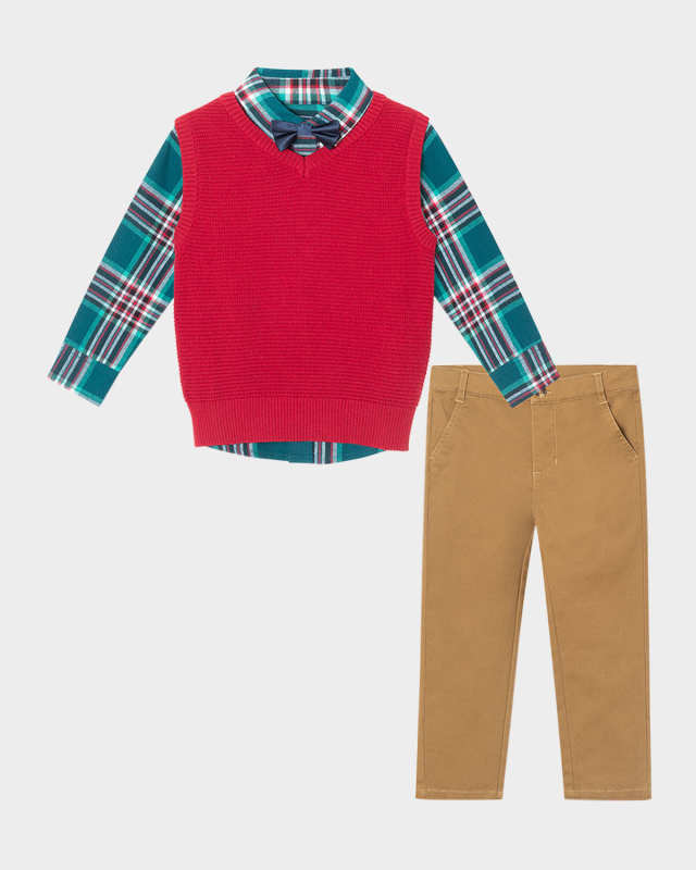 Boy's Plaid Button Down Bodysuit W/ Sweater Vest & Bowtie Set, Size 2T-8